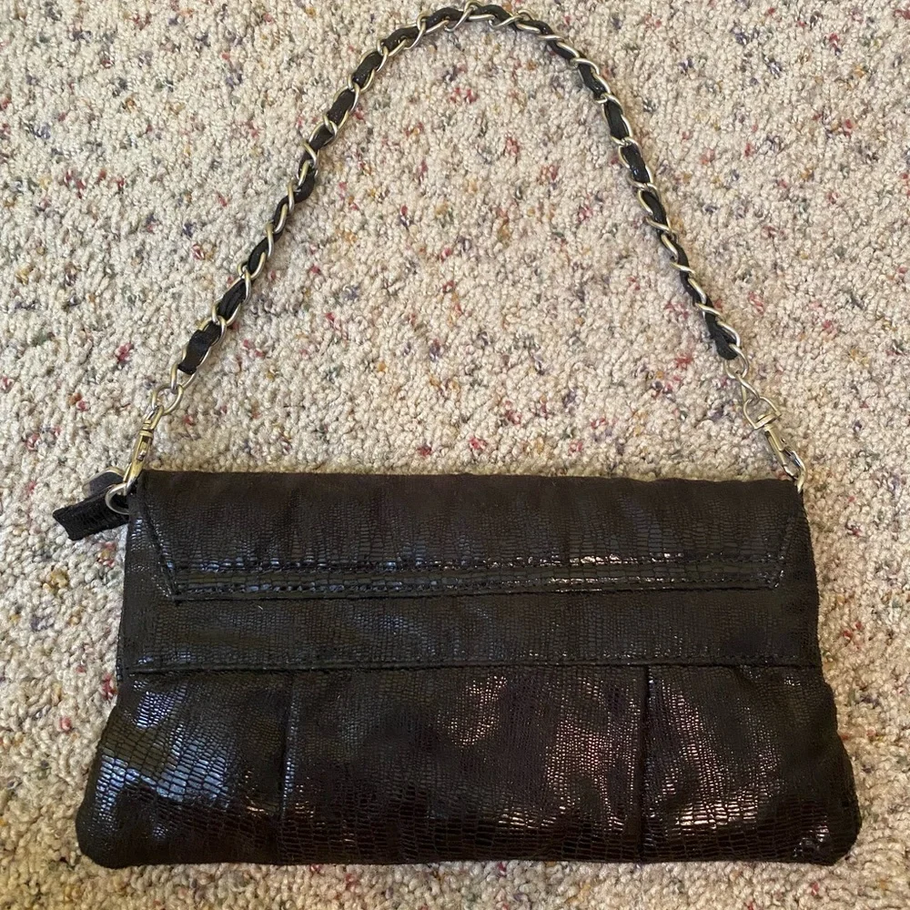Black Purse Shiny Double Button Closure Silver Chain